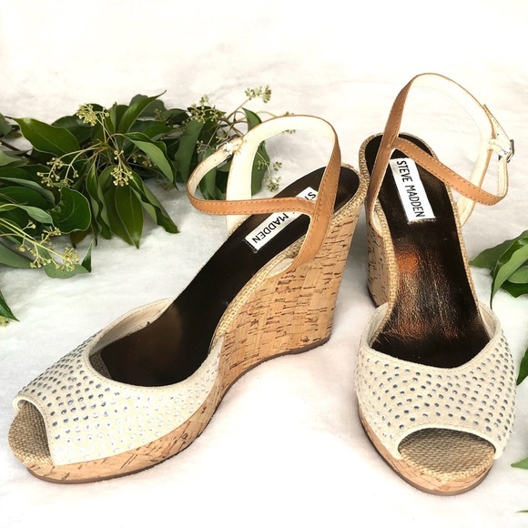 Steve Madden Glitery Rhinestones Suede Leather Cork Peep Toe Wedge Heels 6.5M - Picture 10 of 10